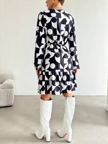 SHEIN Cottnline Allover Print Surplice Neck Ruffle Hem Dress - Multicolor - View 2