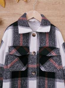Tween Girl Plaid Print Drop Shoulder Flap Pocket Overcoat - Multicolor - View 5