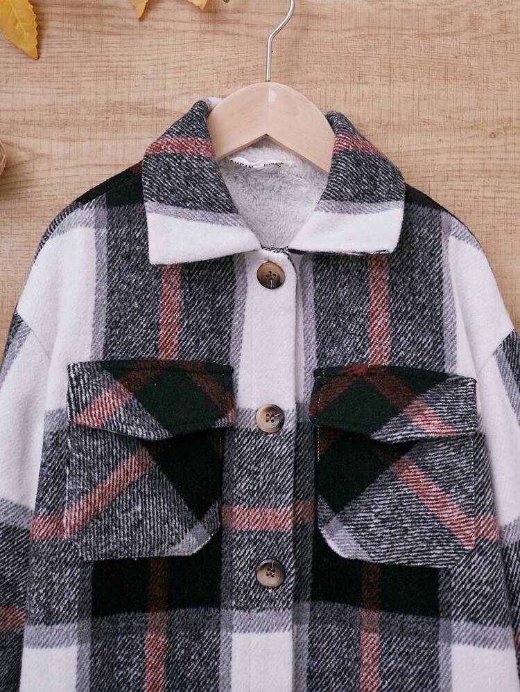 Tween Girl Plaid Print Drop Shoulder Flap Pocket Overcoat