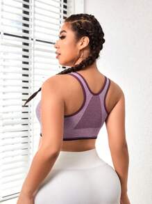 Easithlete Plus Size Zip Up Racerback Sports Bra Contrast Binding High Stretch Soft Comfort