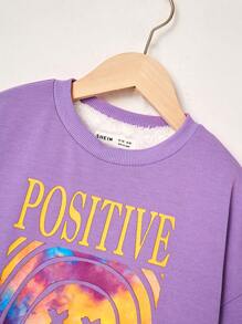 Tween Girl Letter & Cartoon Graphic Drop Shoulder Fuzzy Lined Pullover - Purple - View 3