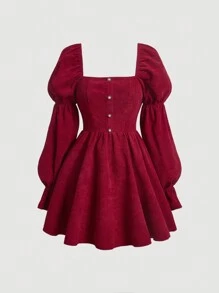 SHEIN MOD 方領喇叭袖燈芯絨洋裝 - 紅色 - 查看 1