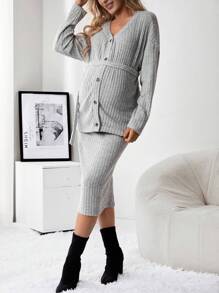 SHEIN Maternity Drop Shoulder Button Front Top & Adjustable Waist Skirt - Grey - View 5