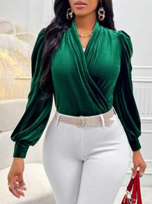 Zolique Surplice Neck Lantern Sleeve Velvet Blouse - Green - View 7