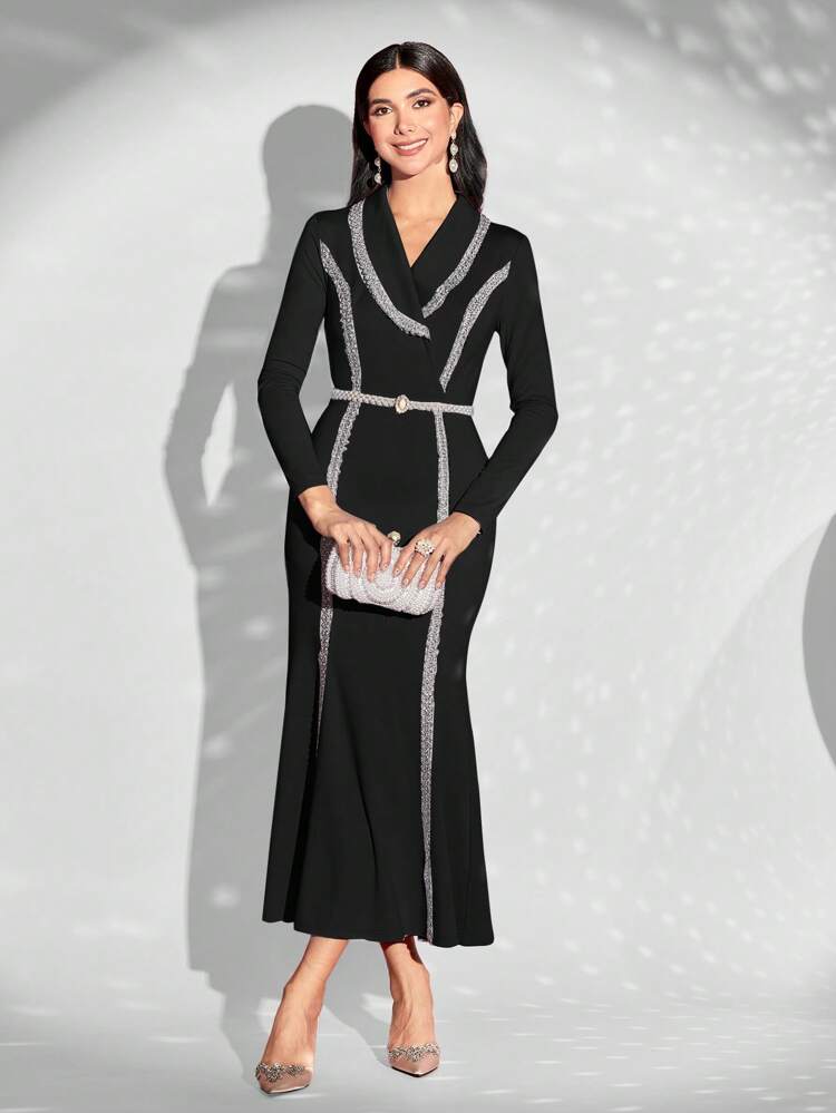 Contrast Trim Shawl Collar Mermaid Hem Dress Without Belt