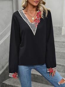 SHEIN LUNE Floral Appliques Lantern Sleeve Blouse