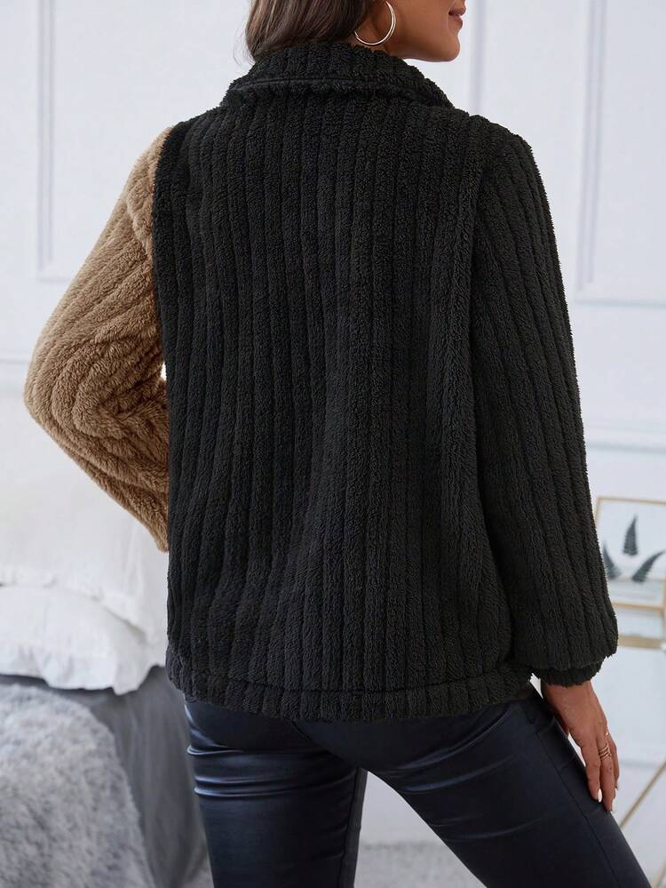 Two Tone Zip Up Teddy Coat Fall Cloth For Women