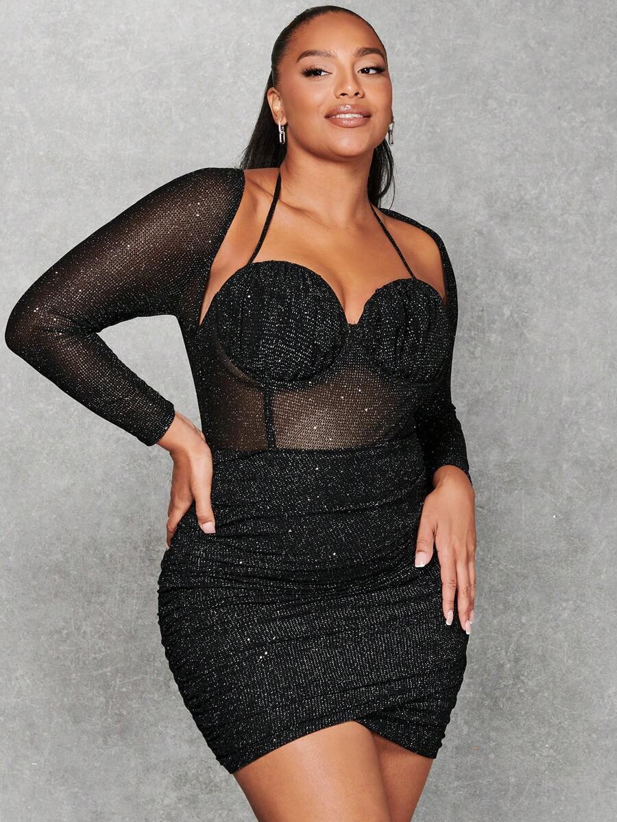 SHEIN BAE Hơn Ca-vát Backless Xù Bustier Long lanh Váy bodycon - màu đen - Xem 1