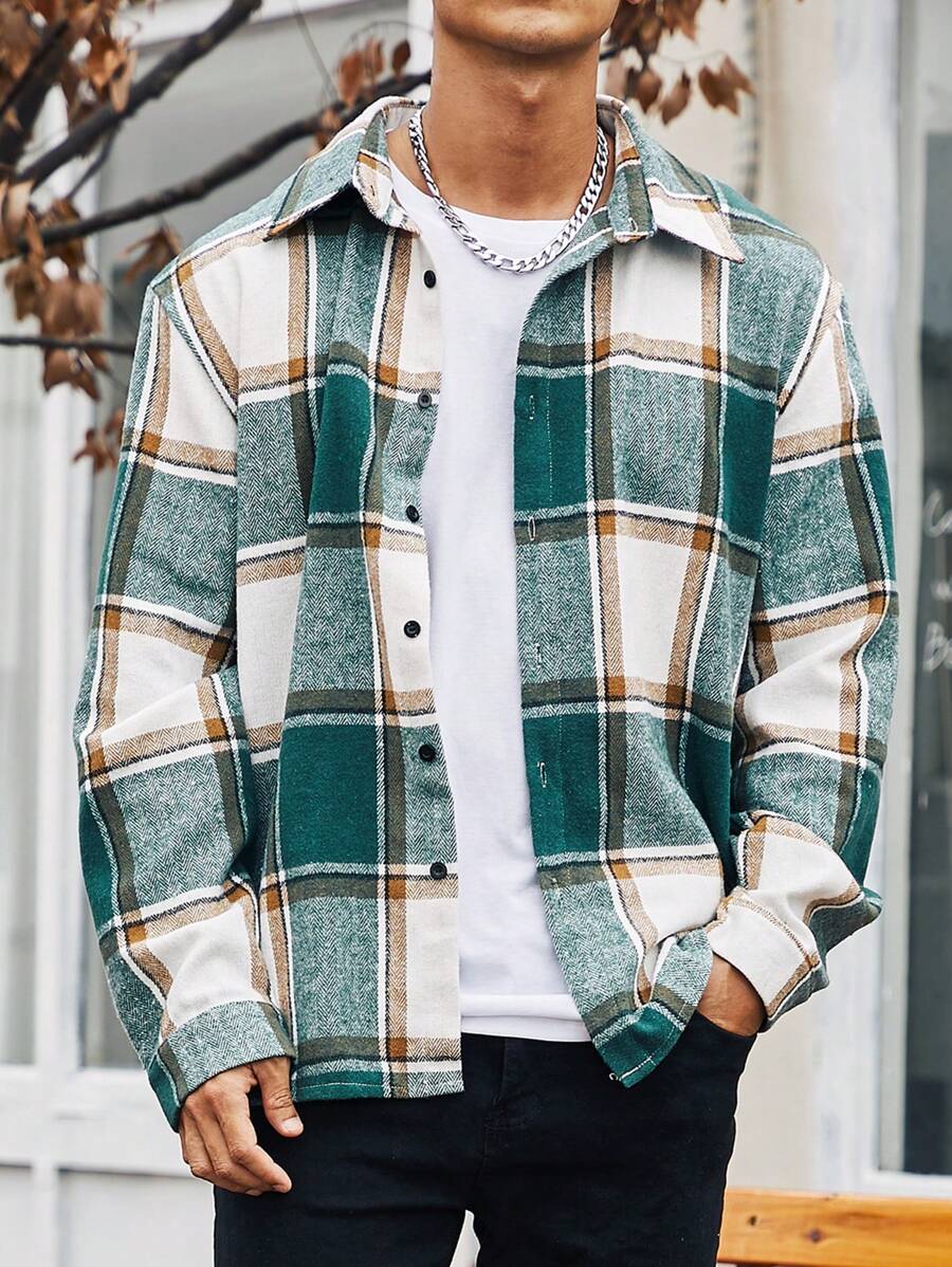 Manfinity Homme Nam Plus In kẻ sọc Nút Lên Áo khoác kiểu sơ mi - màu xanh lá - Xem 1