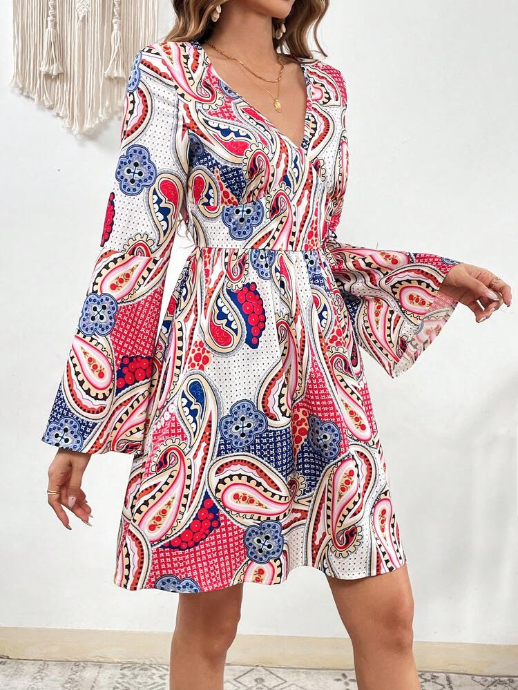 Paisley Print Flounce Sleeve Dress
