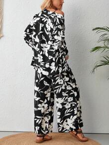 SHEIN VCAY In hoa Crop Cami & Áo sơ mi & Quần ống rộng - Đen và trắng - Xem 6