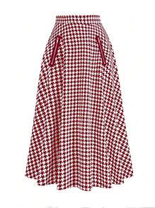 SHEIN Clasi 大碼千鳥格印花喇叭半身裙 - 酒紅色 - 查看 1
