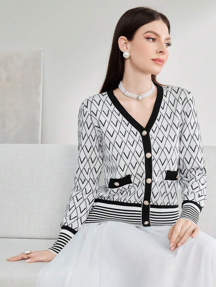 Striped & Argyle Pattern Cardigan Fall Cloth For Women