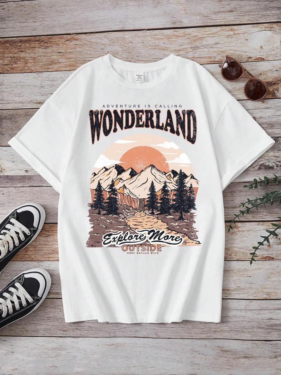 Teen Girl Loose Fit Casual Mountain & Letter Printed Short Sleeve T-Shirt For Summer