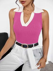 SHEIN Essnce Top tank de cuello en contraste tejido de canalé - Rosa Fucsia - Ver 1