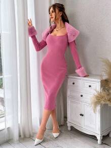 SHEIN Privé Fuzzy Cổ tay áo Váy Cami Bodycon & Mở Mặt trước Áo khoác - màu đen - Xem 5