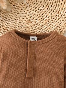 Baby Girl Waffle Knit Quarter Button Tee & Sweatpants - Brown - View 3
