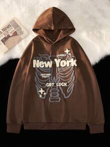 Manfinity Roghcode Men Slogan & Skeleton Print Drop Shoulder Oversized Hoodie Graphic Long Sleeve Hoodie, For Friends, Husband, Boyfriend Gifts - Coffee Brown - View 3