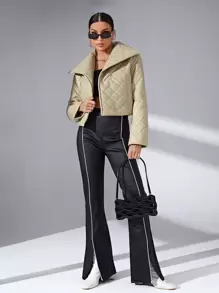 SHEIN Essnce Snap Button PU Leather Quilted Coat - Beige - View 4