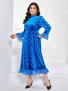 Al Najma Plus Flounce Sleeve Ruffle Hem Dress Without Belt - Blue - View 4