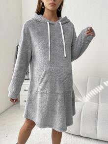 SHEIN 孕婦袋鼠口袋落肩袖抽繩毛茸茸連帽衛衣裙 - 灰色 - 查看 3