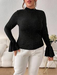 SHEIN Privé 大碼小高領喇叭袖金屬亮絲T恤 - 黑色 - 查看 6