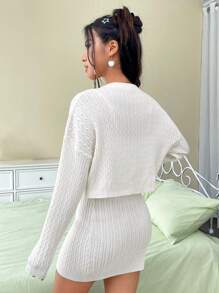 SHEIN EZwear Drop Shoulder Button Front Crop Cardigan - Beige - View 2