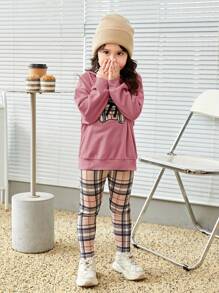 SHEIN Young Girl Bear Print Drop Shoulder Hoodie & Plaid Leggings