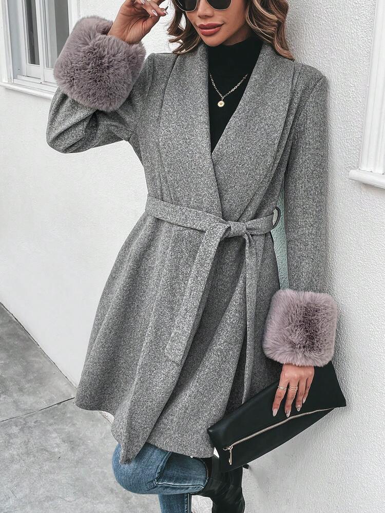 Shawl Collar Fuzzy Cuff Belted Overcoat Fall Cloth For Women