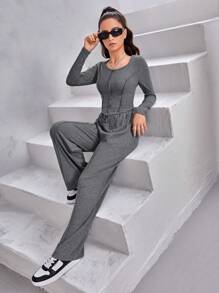 SHEIN Teen Girl Lettuce Trim Top & Wide Leg Pants Set - Dark Grey - View 3