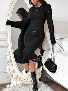 SHEIN Unity Vestido de suéter casual de unicolor desgastado para mujer - Negro - Ver 6