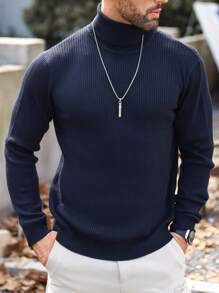 Manfinity Homme Nam Chất rắn Áo cao cổ Đồ đan Ribbed Áo len - Màu xám đen - Xem 6