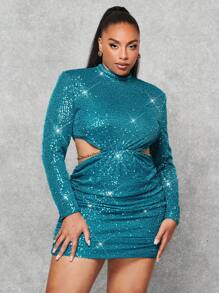 SHEIN BAE Robe de soirée formelle pour femmes de grande taille avec sequins bleus pour le Nouvel An - Vert - Voir 1