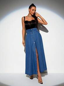 SHEIN BAE High Waist Button Front Denim Skirt - Blue - View 5