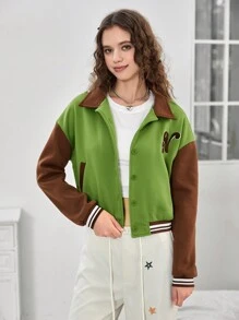 SHEIN EZwear Letter Patched Striped Trim Drop Shoulder Two Tone Varsity Jacket - Green - View 3