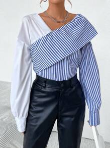 SHEIN Essnce 女士條紋不對稱領口拼接襯衫 - 藍白色 - 查看 4