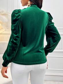 Zolique Surplice Neck Lantern Sleeve Velvet Blouse - Green - View 2