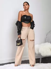 SHEIN SXY High Waist Ripped Wide Leg Jeans - Apricot - View 1