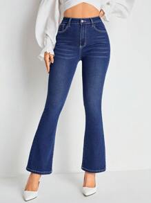 SHEIN Essnce Rhinestone Detail Flare Leg Jeans - Dark Wash - View 2
