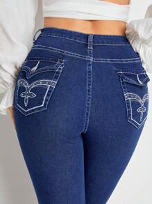 SHEIN Essnce Rhinestone Detail Flare Leg Jeans - Dark Wash - View 5