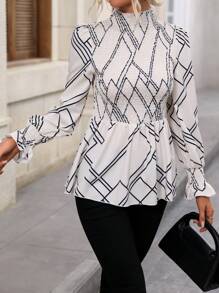 SHEIN Clasi Geo Print Flounce Sleeve Peplum Blouse - Multicolor - View 4