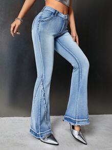 SHEIN ICON 毛邊牛仔喇叭褲 - 淺色水洗藍 - 查看 4