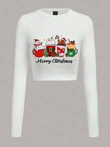 Slaydiva 聖誕圖案短款T恤 - 白色 - 查看 1