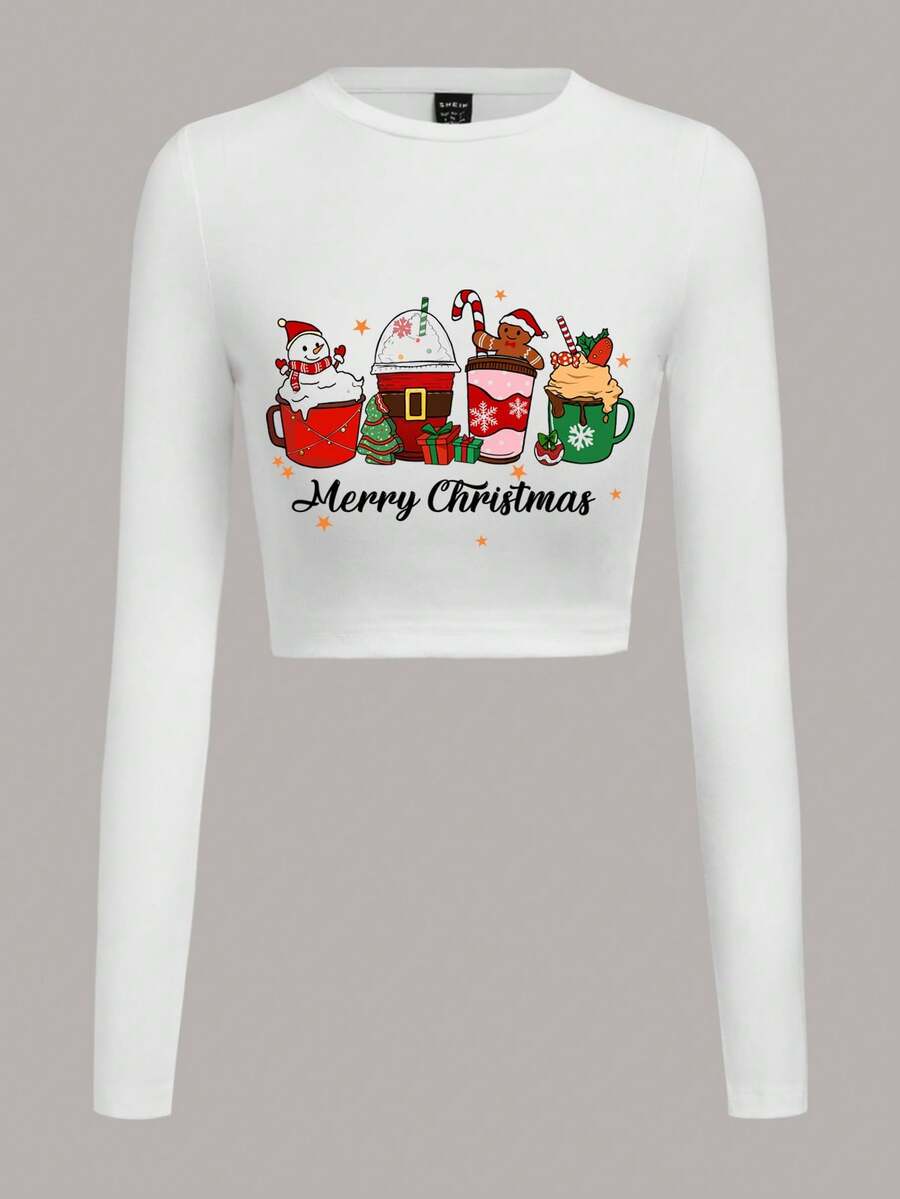 Slaydiva 聖誕圖案短款T恤 - 白色 - 查看 1