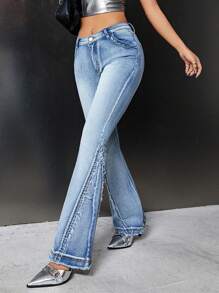 SHEIN ICON 毛邊牛仔喇叭褲 - 淺色水洗藍 - 查看 1