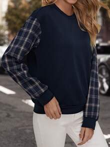 EMERY ROSE Contrast Plaid Print Drop Shoulder Sweatshirt - Navy Blue - View 6