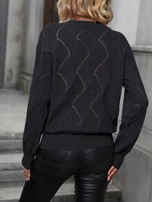 SHEIN LUNE Solid Drop Shoulder Pointelle Knit Sweater - Black - View 2