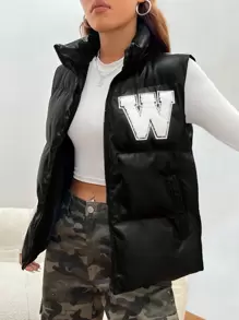 SHEIN EZwear Letter Patched Zip Up Vest Padded Coat - Black - View 2