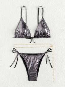 SHEIN Swim Metallic Triangle Tie Side Bikini Set - Silver - View 3