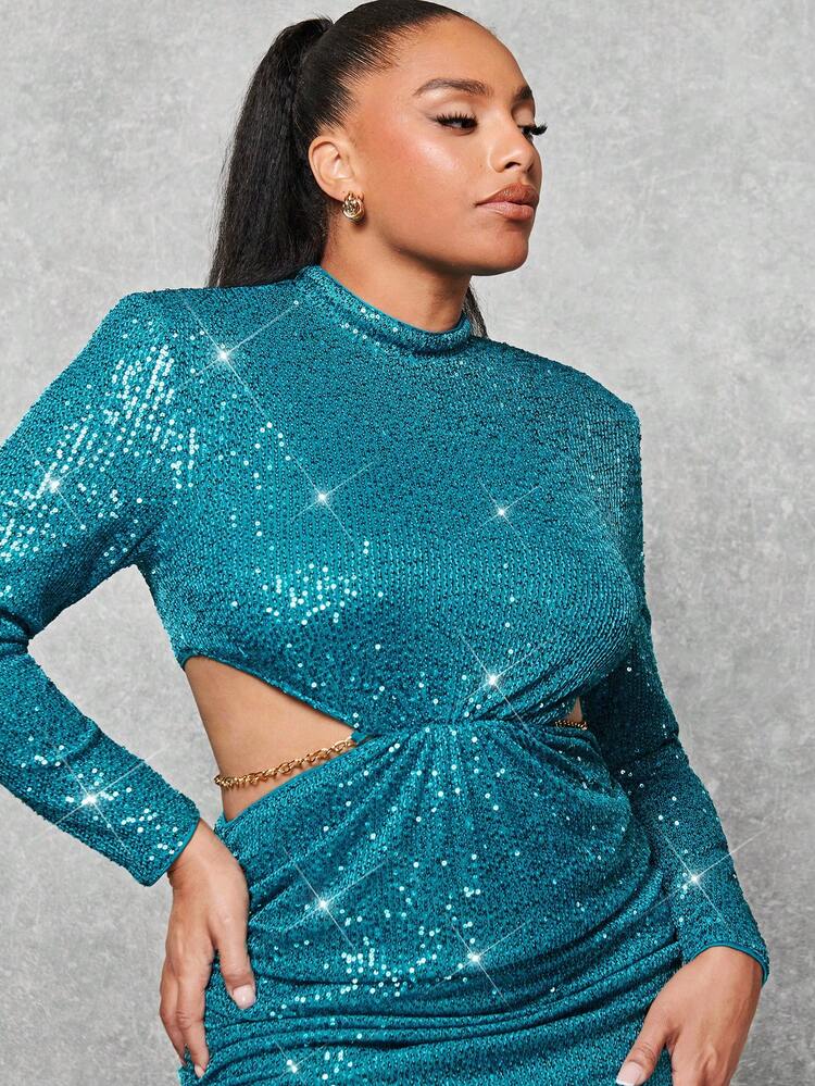 New Year'S Eve Party Blue Sequined Plus Size Ladies Formal Dress